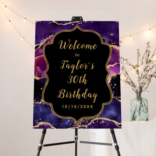 Dark Purple Gold Sequins Agate Birthday Welcome Foam Board