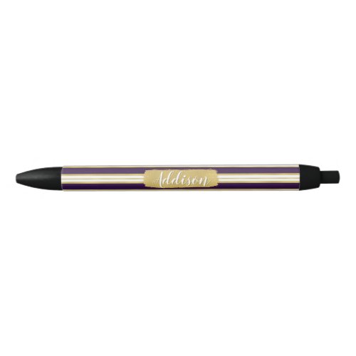 Dark Purple Gold Stripe Pattern Custom Name Black Ink Pen