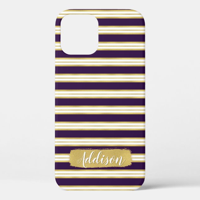 Dark Purple Gold Stripe Pattern Custom Name Case-Mate iPhone Case (Back)