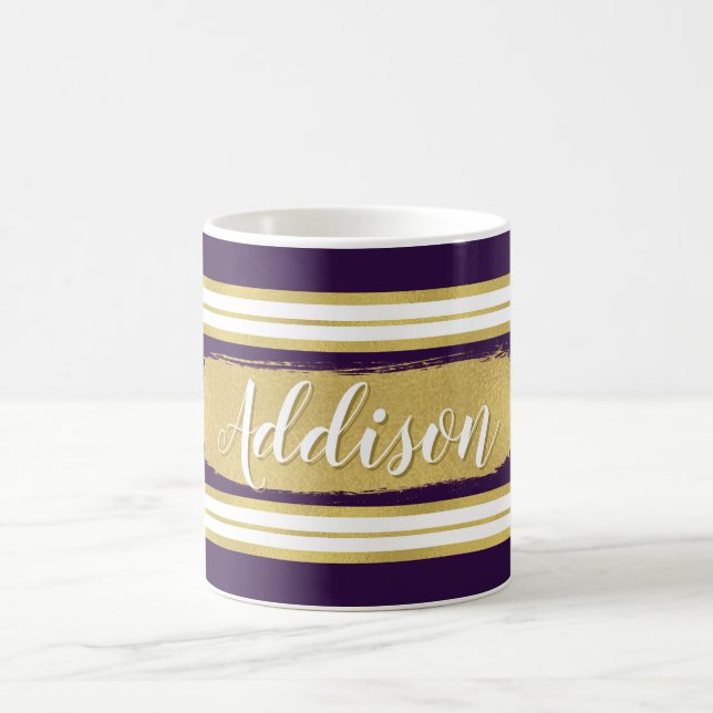 Dark Purple Gold Stripe Pattern Custom Name Coffee Mug (Center)
