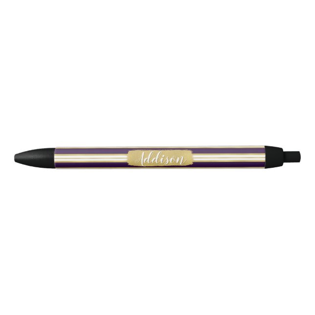 Dark Purple Gold Stripe Pattern Custom Name Pen (Front)