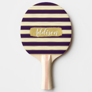 Dark Purple Gold Stripe Pattern Custom Name Ping-Pong Paddle