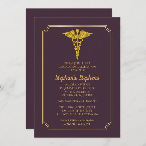 Dark Purple Gold Veterinary Medicine Grad Party Invitation