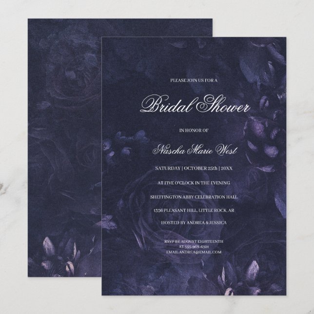 Dark Purple Gothic Boho Floral Bridal Shower Invitation (Front/Back)