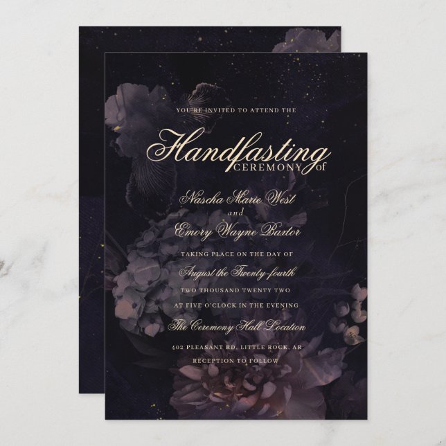 Dark Purple Gothic Boho Floral Handfasting Invitation (Front/Back)