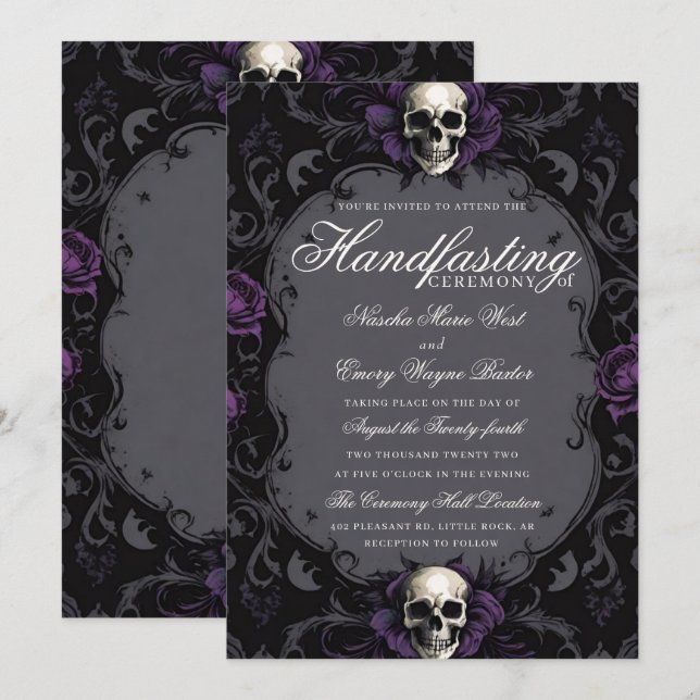 Dark Purple Gothic Boho Floral Skull Handfasting Invitation (Front/Back)