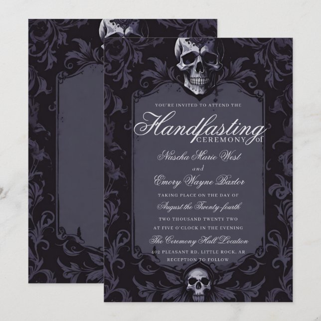 Dark Purple Gothic Boho Floral Skull Handfasting Invitation (Front/Back)