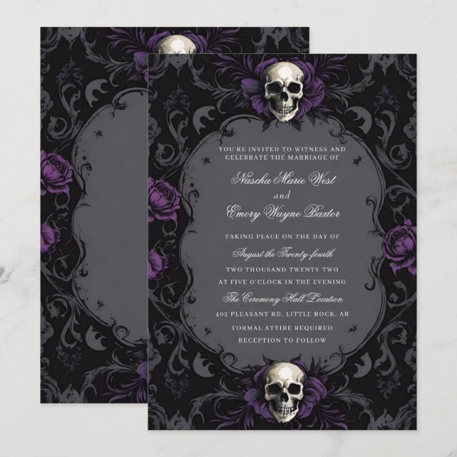Dark Purple Gothic Boho Floral Skull Wedding Invitation (Front/Back)