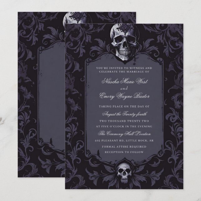 Dark Purple Gothic Boho Floral Skull Wedding Invitation (Front/Back)