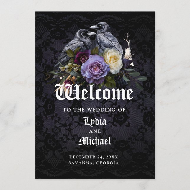 Dark Purple Gothic Floral Bouquet & Raven Wedding  Program (Front)