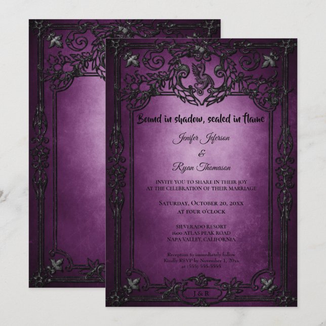 Dark purple Gothic Halloween wedding invitation (Front/Back)