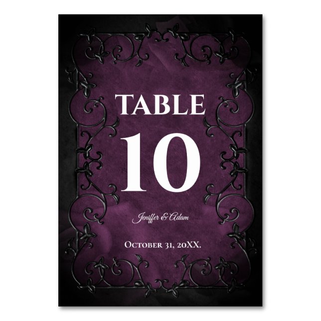 Dark Purple Gothic Halloween Wedding Table Number (Front)
