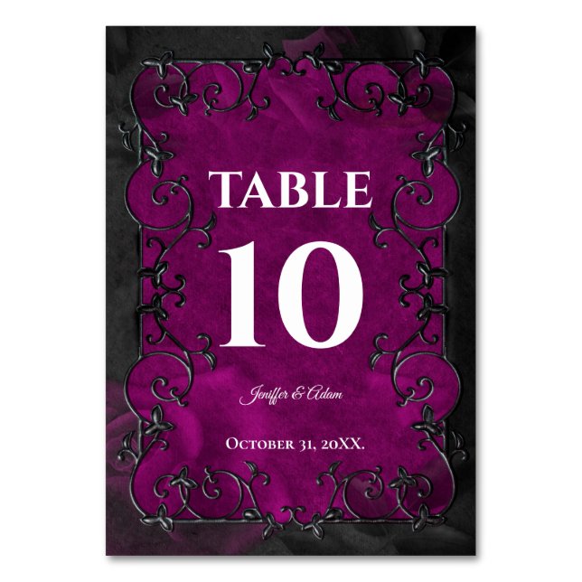 Dark Purple Gothic Halloween Wedding Table Number (Front)