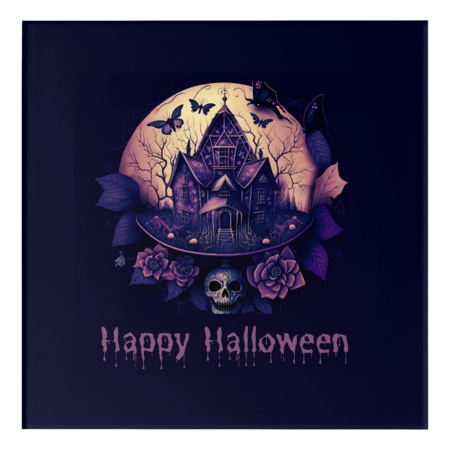 Dark Purple Gothic Haunted House Happy Halloween Acrylic Print (Front)