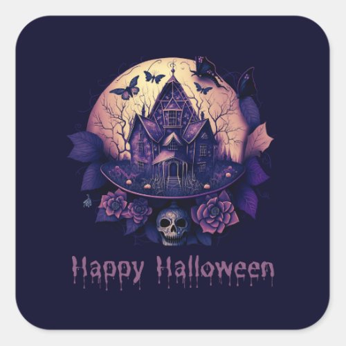 Dark Purple Gothic Haunted House Happy Halloween Square Sticker