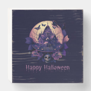 Dark Purple Gothic Haunted House Happy Halloween Wooden Box Sign