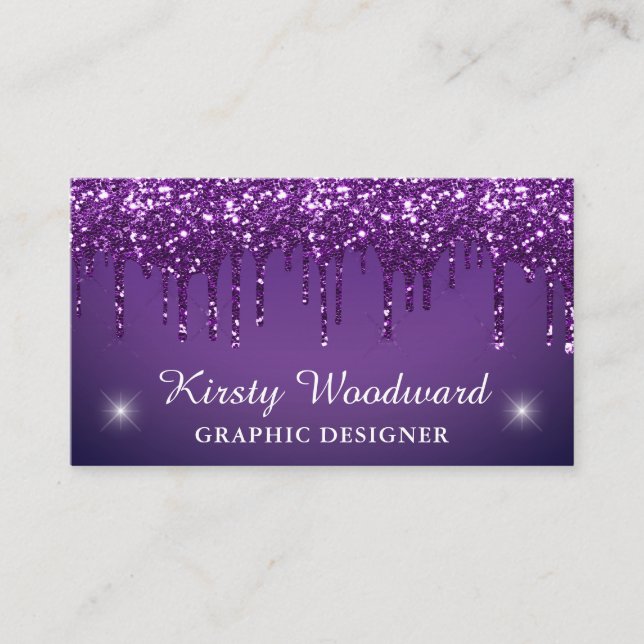 Dark Purple Gradient & Dripping Glitter Business Card (Front)