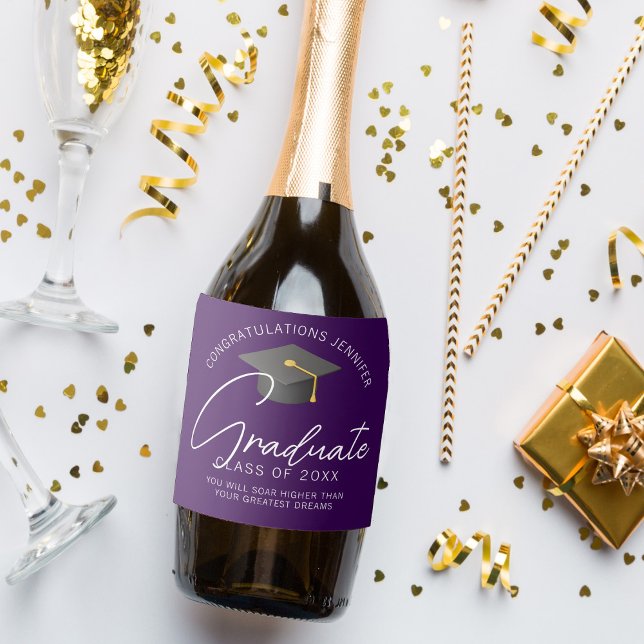 Dark Purple Graduate Personalized Graduation Party Sparkling Wine Label (Creator Uploaded)