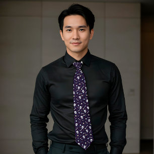Dark Purple Halloween Skull Eyeballs Bones Pattern Neck Tie