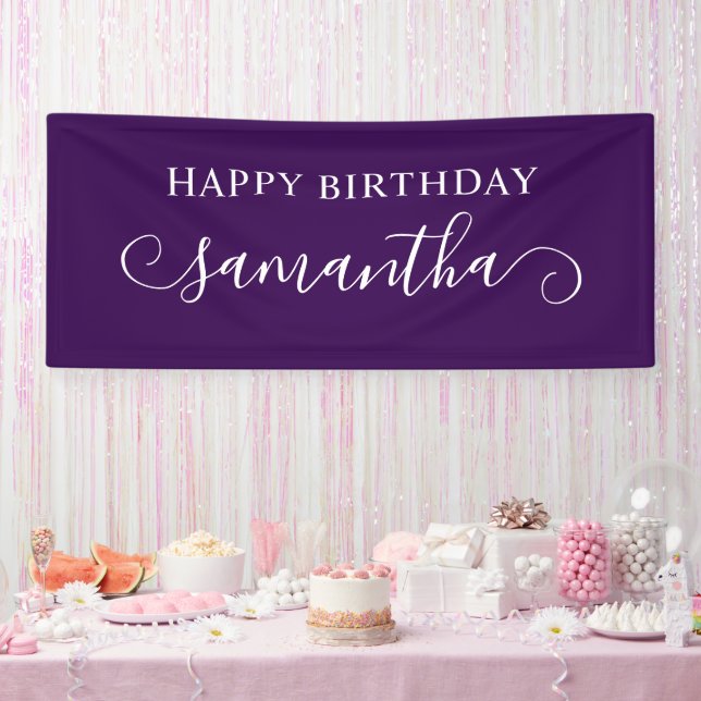 Dark Purple Happy Birthday Cute Curl Name Banner (Party)