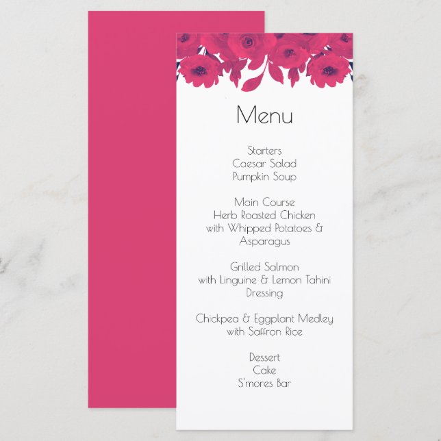Dark Purple & Hot Pink Botanical Wedding Menu (Front/Back)