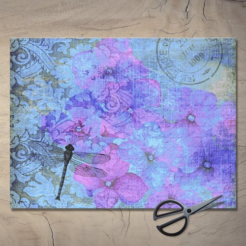 Dark Purple Hydrangea Dragonfly Postmark Decoupage Tissue Paper