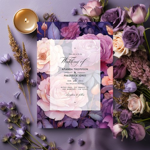 Dark Purple Lavender and Rose Gold Wedding Invitation