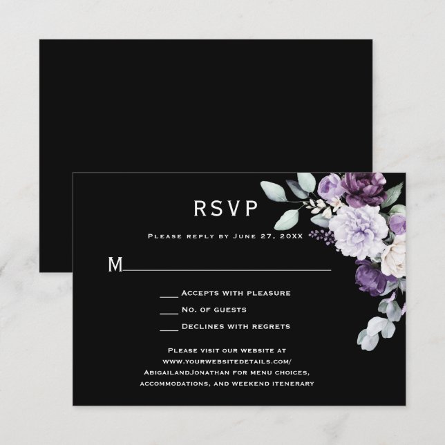Dark Purple, Lavender Peony, White Rose Black RSVP Card (Front/Back)