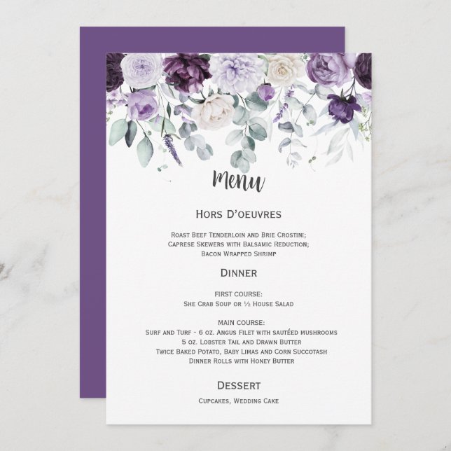 Dark Purple, Lavender, White Wedding Menu Invitation (Front/Back)