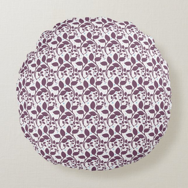Dark Purple Leaf Pattern, Elegant Botanical Print, Round Pillow (Front)