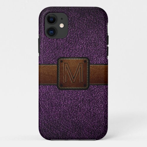 Dark purple leather look brown tag iPhone 11 case