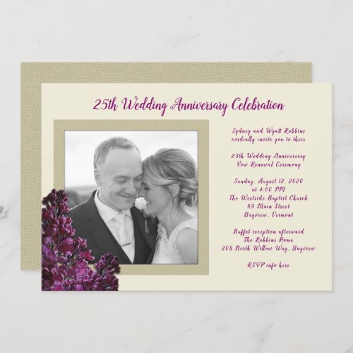 Dark Purple Lilac Photo Wedding Anniversary Vows  Invitation