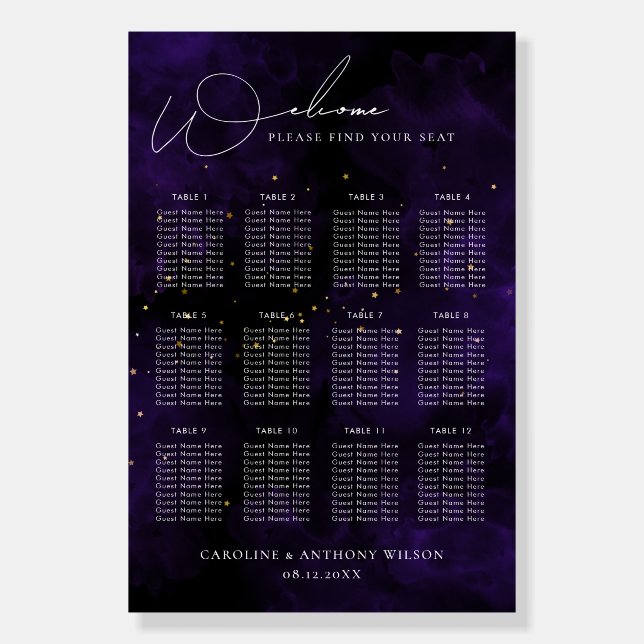 Dark Purple Magical Gold Wedding Seating Chart Foam Board (Front)
