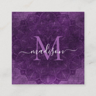 Dark Purple Mandala Lotus Flower Monogram Script Square Business Card