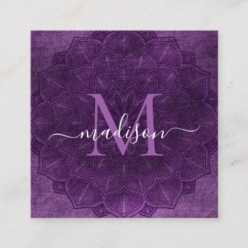 Dark Purple Mandala Lotus Flower Monogram Script Square Business Card