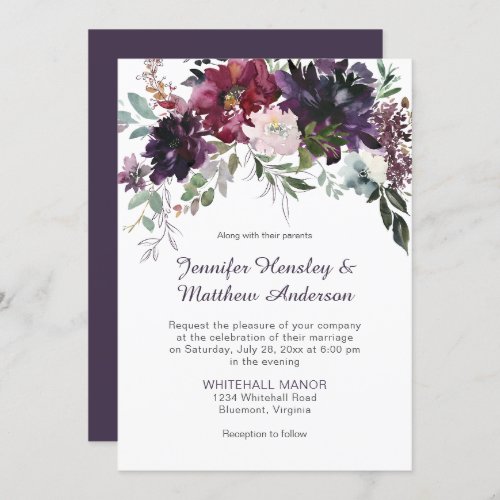 Dark Purple Mauve Red Pink Floral Wedding Invitation