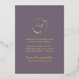 Dark Purple Monogram Floral Wreath Script Wedding Foil Invitation