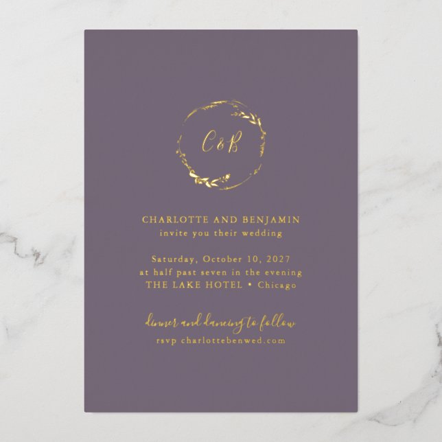 Dark Purple Monogram Floral Wreath Script Wedding Foil Invitation (Front)
