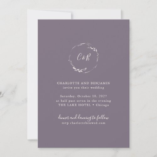 Dark Purple Monogram Floral Wreath Script Wedding Invitation