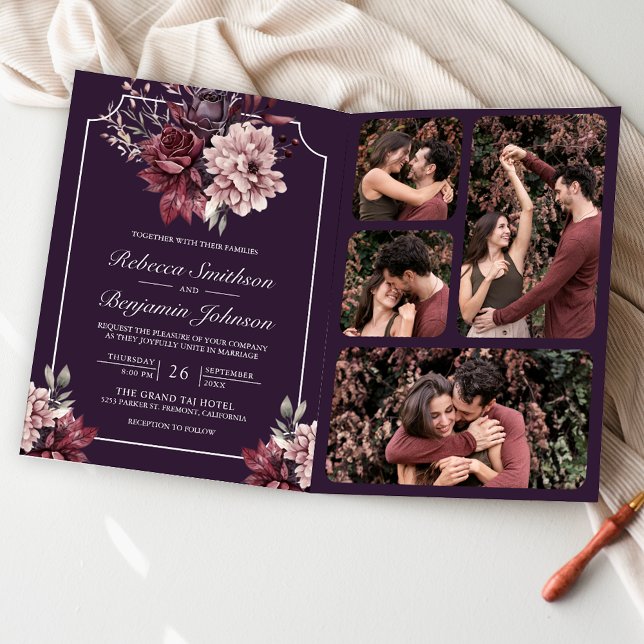 Dark Purple Moody Floral Frame QR Code Wedding Invitation (Creator Uploaded)