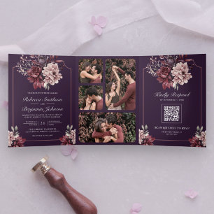 Dark Purple Moody Floral Frame QR Code Wedding Tri-Fold Invitation
