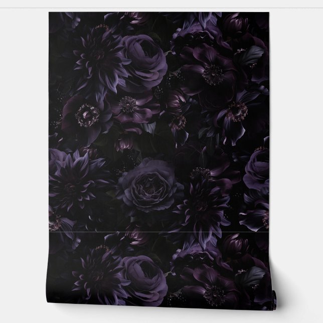 Dark Purple Moody Gothic Peonies Florals Night  Wallpaper (Unrolling)