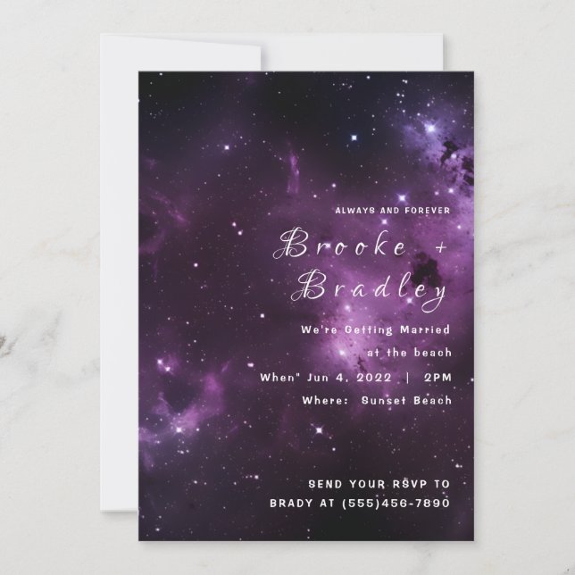 Dark Purple Nebula Beach Wedding Invitation (Front)