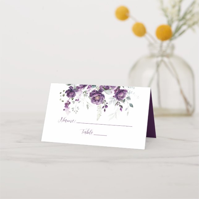 Dark Purple Peonies Floral Place Card (Front)