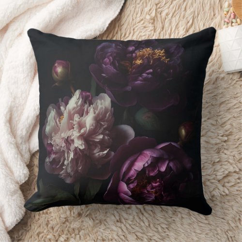 Dark Purple Peonies Flower Bouquet Oil Painting Throw Pillow