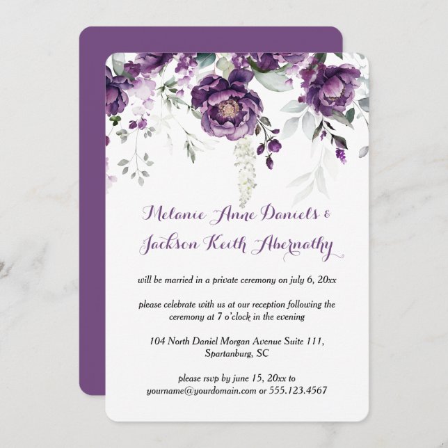 Dark Purple Peonies Reception Only Wedding Invitation (Front/Back)