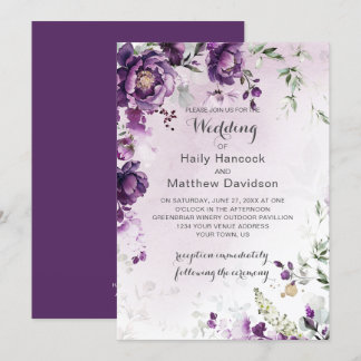 Dark Purple Peonies Wedding Invitation