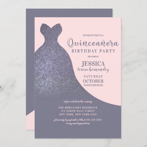 Dark Purple Pink Sparkly Glitter Dress Quinceaera Invitation