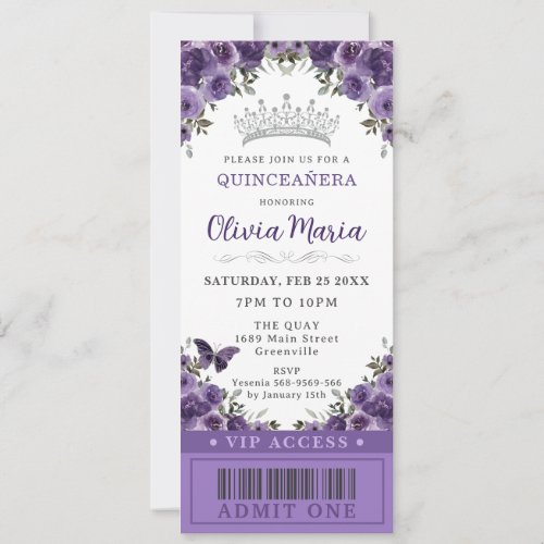 Dark Purple Plum Floral Quinceaera VIP Ticket Invitation