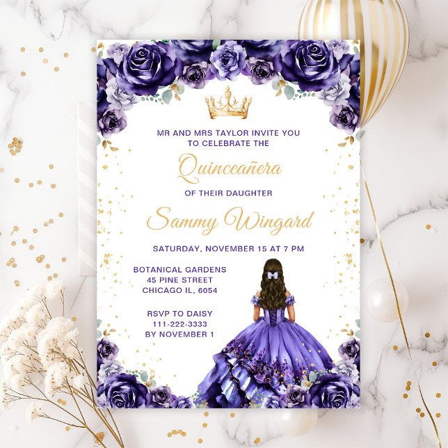 Dark Purple Princess Floral Quinceañera Invitation (Creator Uploaded)